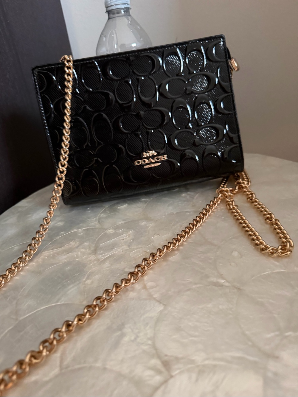 Coach Black Patent Signature Crossbody with Gold Chain